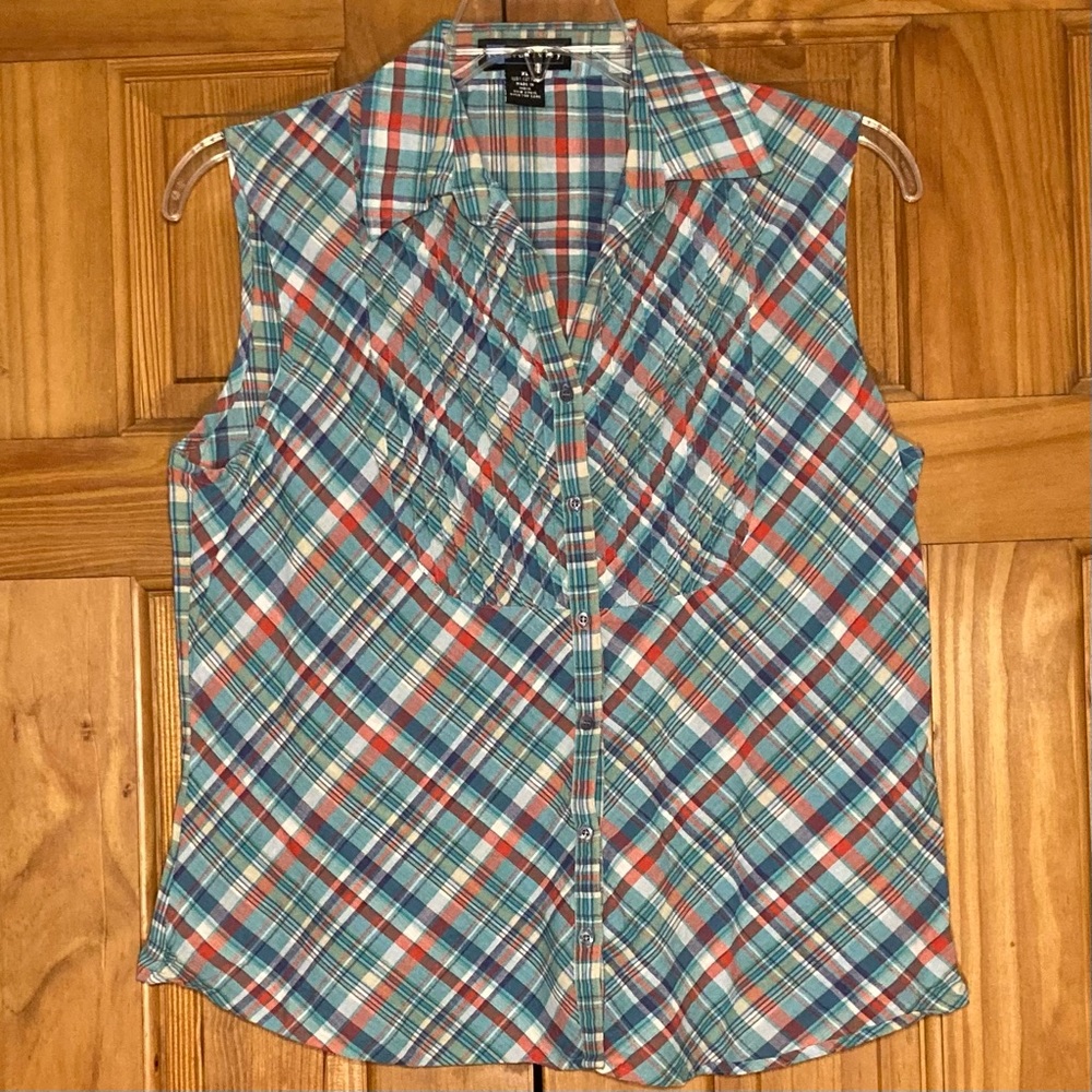 NWOT Relativity Vintage 90s Sleeveless Top Blouse Blue Green Size XL Extra Large